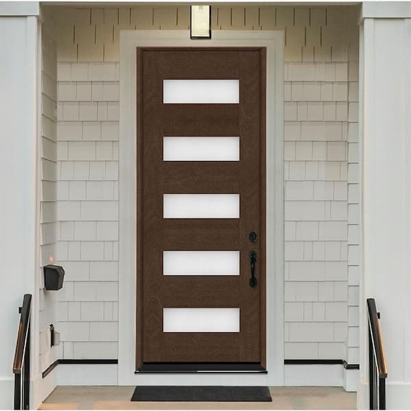 Regency 36 in. x 96 in. Universal Handing 5L Modern Frosted Glass Hickory Stain Fiberglass Front Door Slab