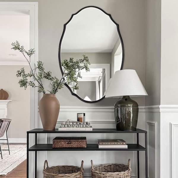 Sxiawe 24 in. W x 35.8 in. H Baroque-Inspired Classic Dark Wooden Curved Wall Mirror