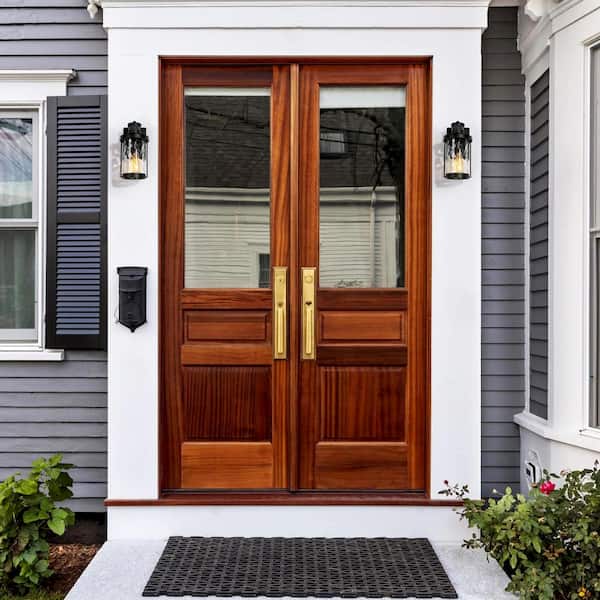 Traditional Black Outdoor Wall Light 1-Light Motion Sensing Wall Lantern Sconce with Water-Rippled Glass Shade (2-Pack)