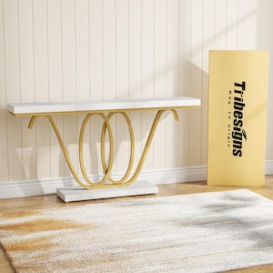 Benjamin 55 in. White Gold Rectangle Faux Marble Console Table Sofa Couch Foyer Modern Accent Entrance Entryway Table