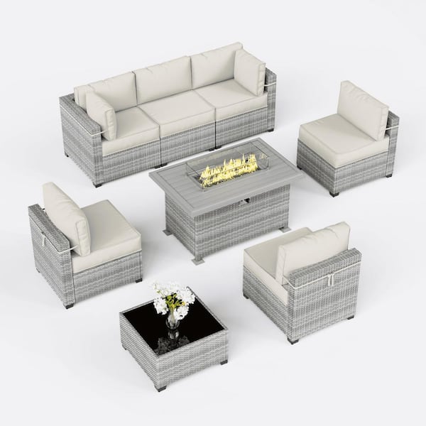Kimunuk 8-Piece Wicker Outdoor Patio Sectional Conversation Set with Cushions and Fire Pit Table Cream