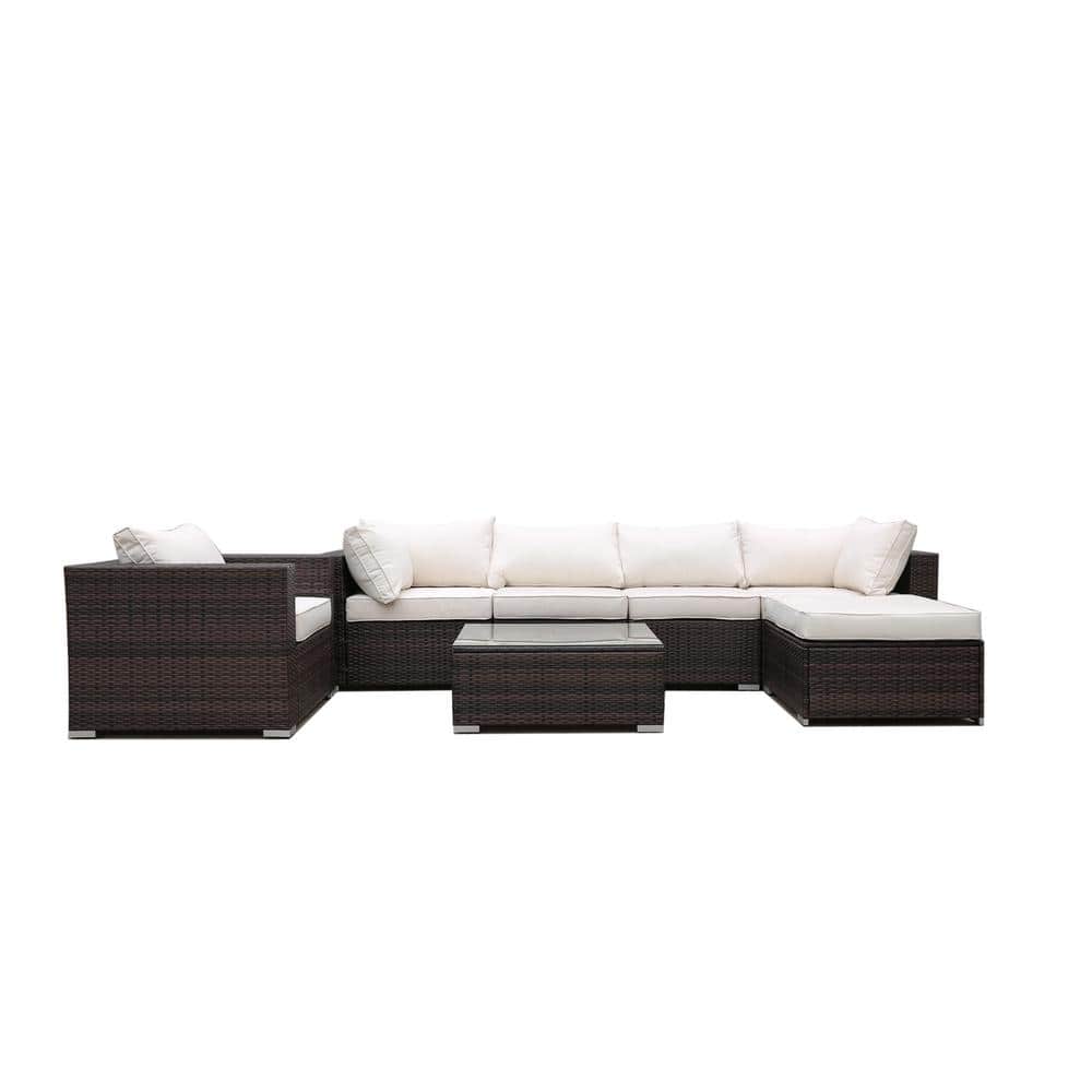 7-Piece Wicker Patio Conversation Sectional Set with CushionGuard Cream whi