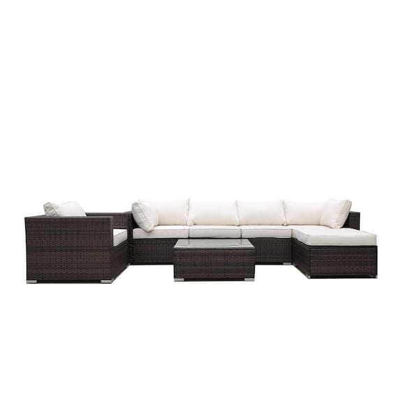 Unbranded 7-Piece Wicker Patio Conversation Sectional Set with CushionGuard Cream white Cushions