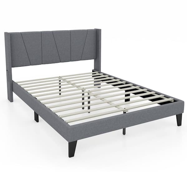 Gray Wood Frame Queen Size Platform Bed w/Elastic Pockets Mattress Foundation