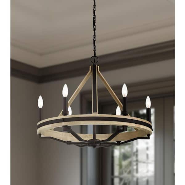 Sonoma 6-Light Dark Bronze with Natural Solid Oak Wood Wagon Wheel Chandelier for Dining Room, Kitchen No Bulbs Included