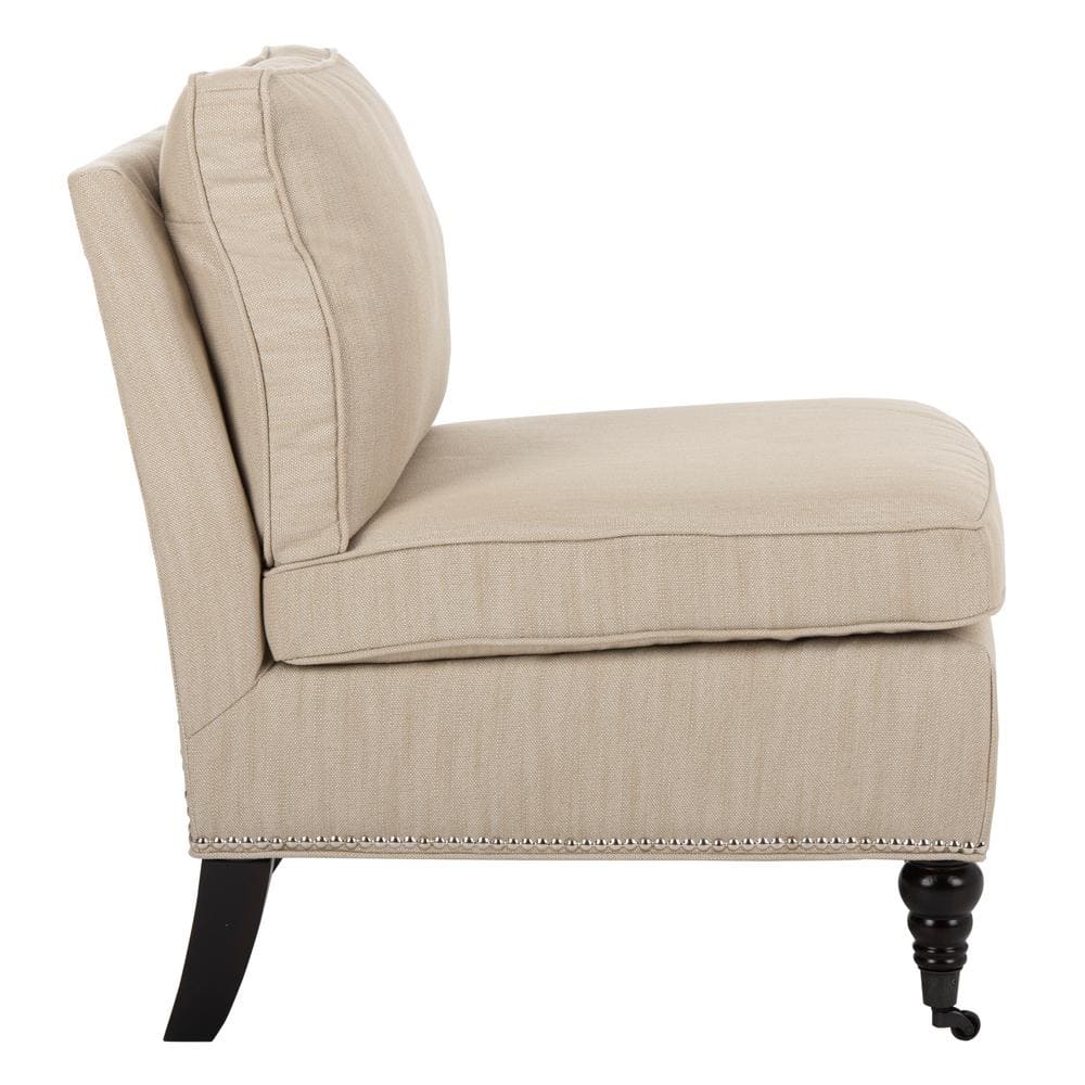 Beige Linen Slipper Chair with Spindle Wood Legs