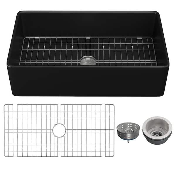 Jasmie Farmhouse Sink 36 in. Single Bowl Matte Black Fireclay Kitchen Sink Apron Sink with Strainer and Bottom Grid Barn Sink