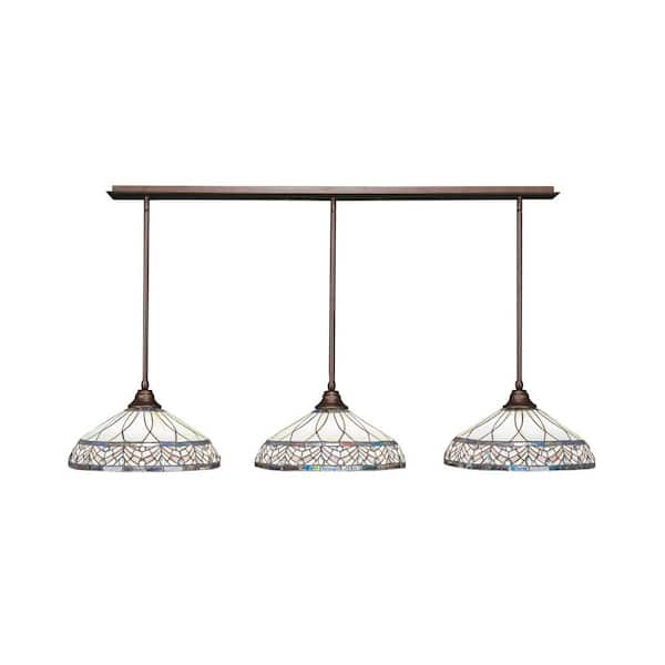 Unbranded Livingston 100-Watt 3 Light Bronze Linear Pendant Light with 16 in. Art Glass Glass Shades No Bulbs Included