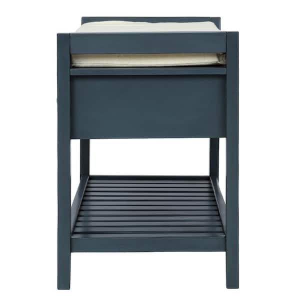 P PURLOVE Entryway Storage Bench with Cushioned Seat Shoe Rack with 2  Drawers and Storage Shelf, Antique Navy