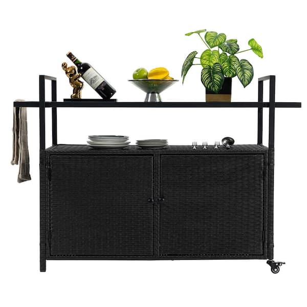 HOMEFUN Outdoor Rolling Black Wicker Patio Serving Bar Cart with Glass Top Table and Wheels