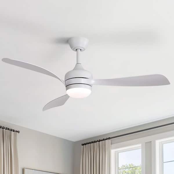 52 in. Indoor/Outdoor White LED Downrod Ceiling Fan with 3-White Blades, Light Kits, Reversible DC Motor and Remote