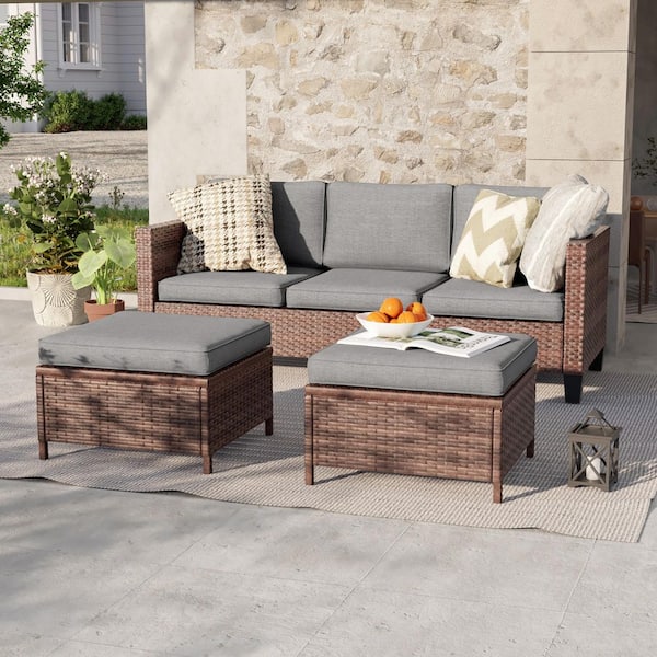3-Seater Patio Brown Wicker Sofa set with Ottomans, Gray Cushion