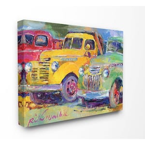 30 in. x 40 in."Vibrant Red Yellow and Green Pickup Trucks Painting" by Artist Richard Wallich Canvas Wall Art