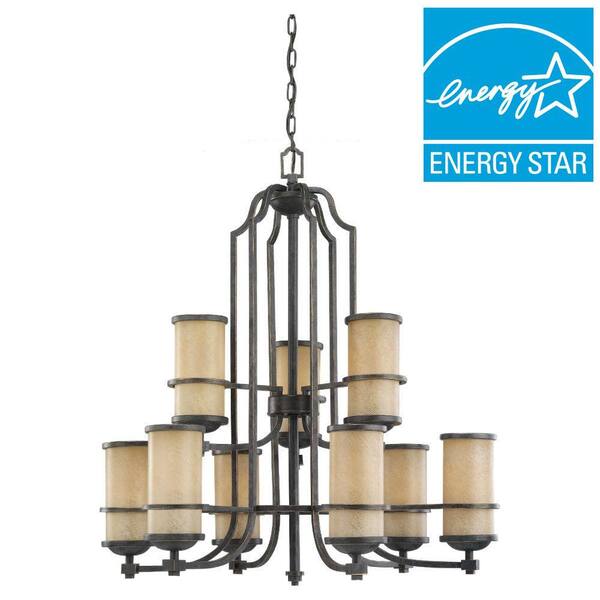 Generation Lighting Roslyn 9-Light Flemish Bronze Fluorescent Chandelier with Creme Parchment Glass Shades