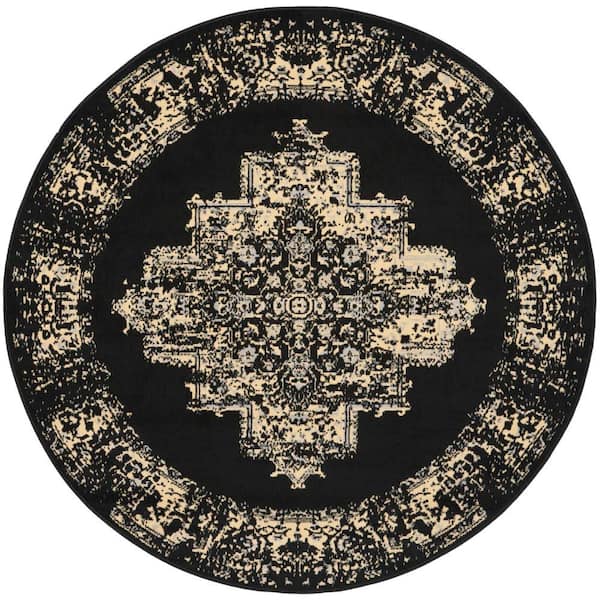 Nourison Grafix Black 4 ft. x 4 ft. Center medallion Transitional Round Area Rug