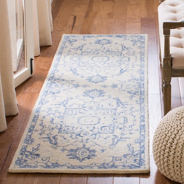 Micro-Loop Ivory/Blue 2 ft. x 17 ft. Floral Medallion Runner Rug