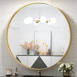 36 in. W x 36 in. H Large Round Metal Framed Modern Wall Mounted Bathroom Vanity Mirror in Brass Gold