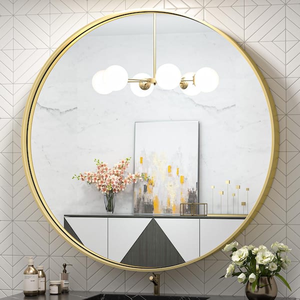 TETOTE 36 in. W x 36 in. H Large Round Metal Framed Modern Wall Mounted Bathroom Vanity Mirror in Brass Gold