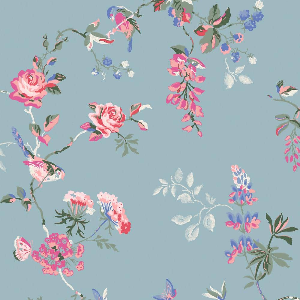 Birds and Roses Summer Blue Wallpaper Sample