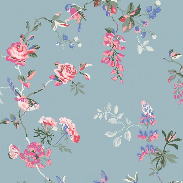 Unbranded Birds and Roses Summer Blue Wallpaper Sample