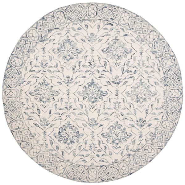 Dip Dye Blue/Ivory 9 ft. x 9 ft. Border Floral Medallion Round Area Rug
