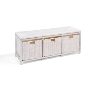 White Kid's Storage Bench with Woven Top and Baskets