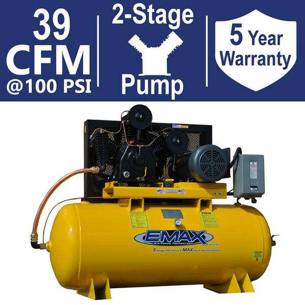 EMAX Industrial PLUS Series 120 Gal. 10 HP 1-Phase 2-Stage Horizontal Stationary Electric Air Compressor