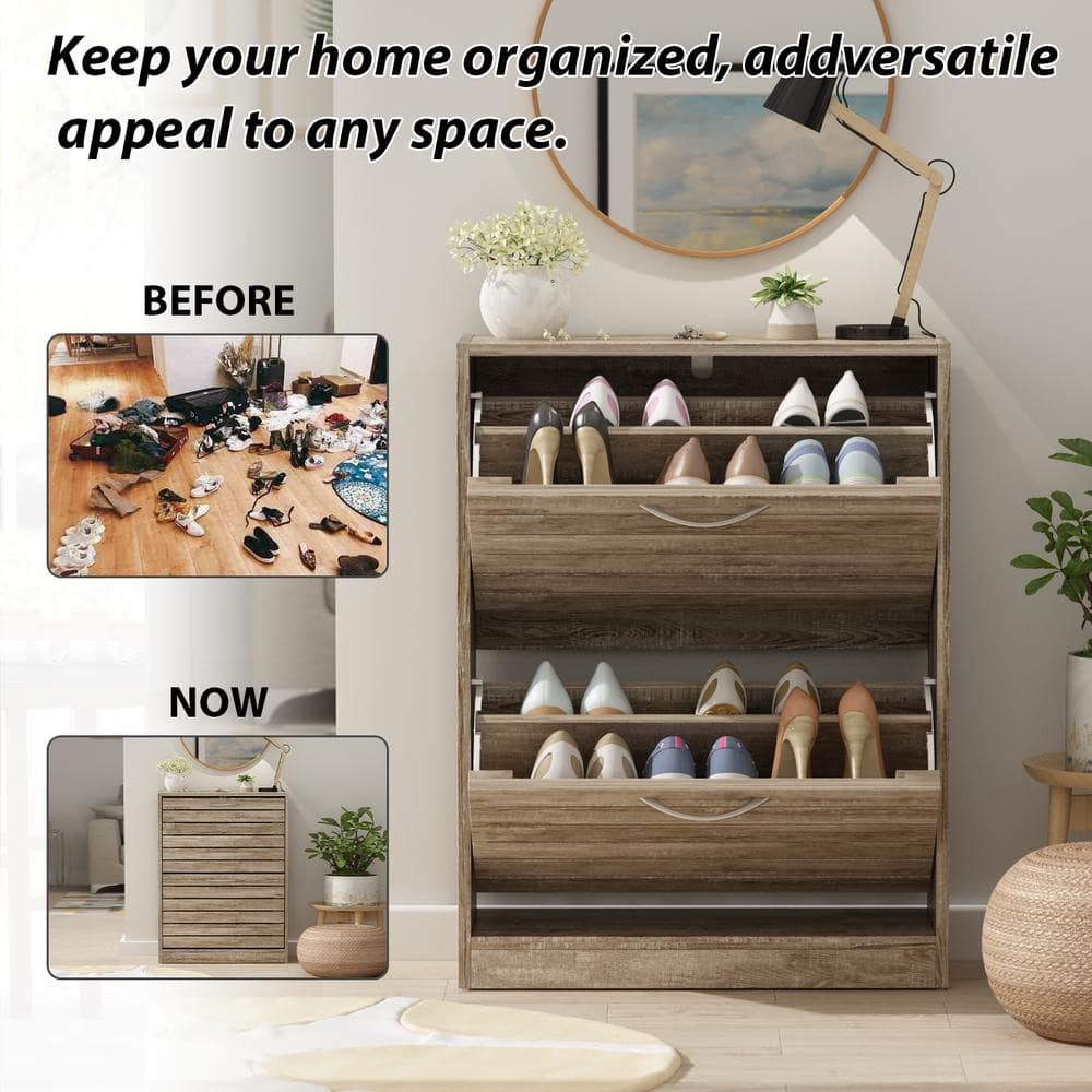 Natural Wood Shoe Storage Cabinet with Louver Doors and Flip Drawers