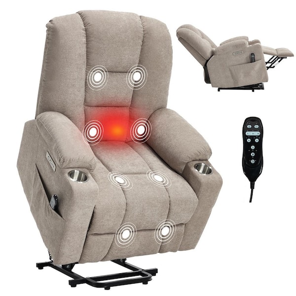 Khaki Linen Power Lift Recliner Chair with Vibration Massage and Lumbar Heat