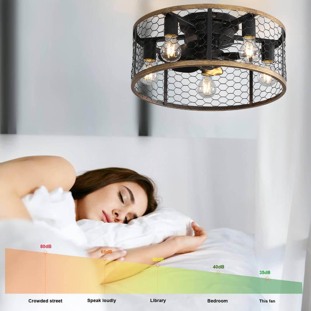 20 in. Black Industrial Low Profile Caged Ceiling Fan with Light and Remote