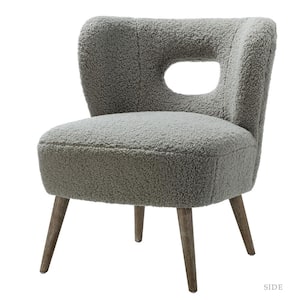 Mini Grey Vegan Lambskin sherpa Upholstery Side Chair with Cutout Back and Solid Wood Legs