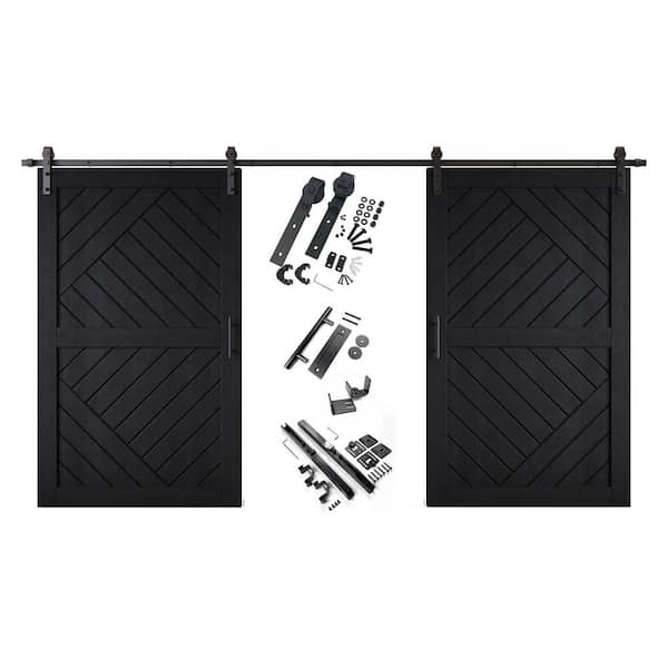HT 50 in. x 84 in. C-Panel Black Geometric Design Double Pine Wood Sliding Barn Door with Hardware Kit