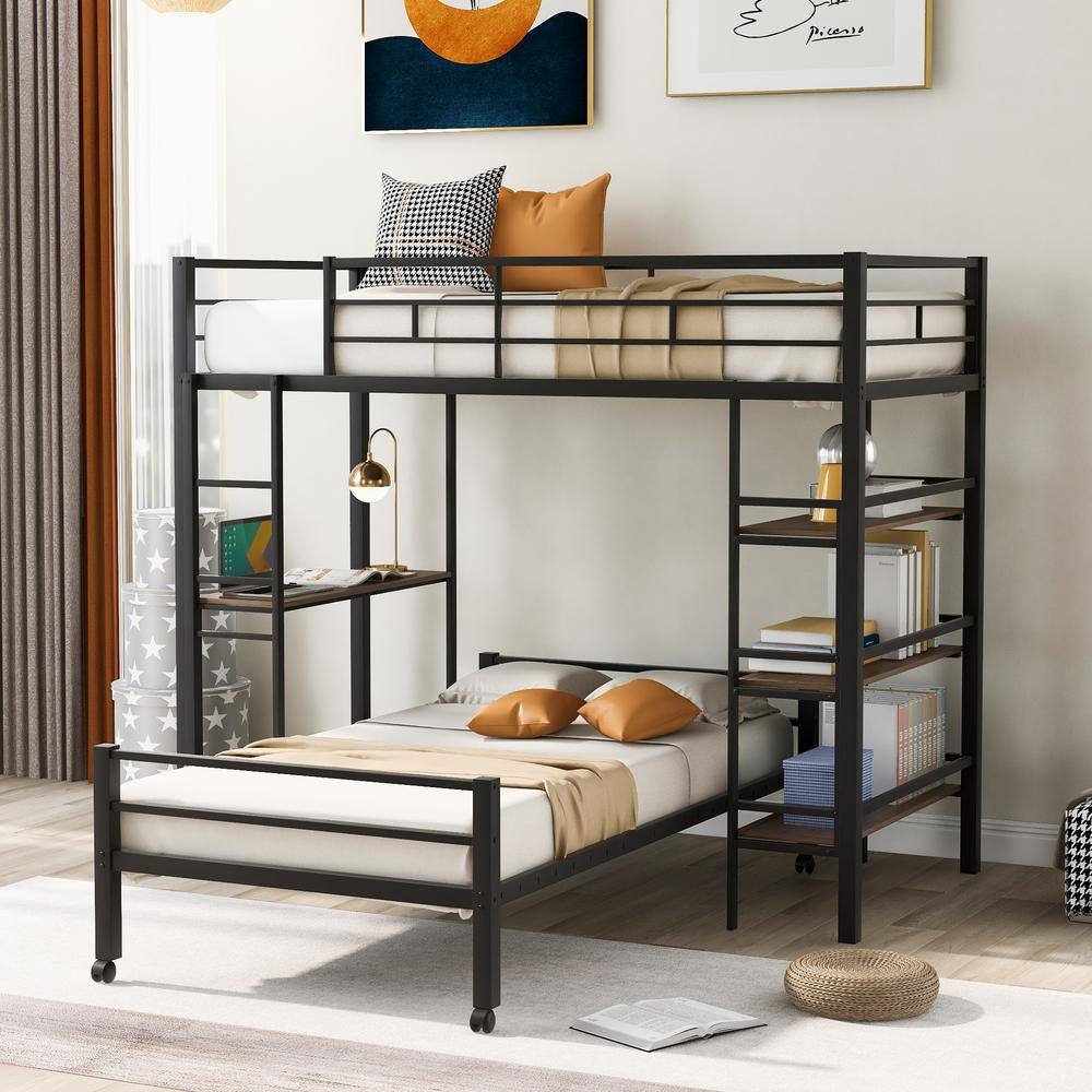 GODEER Black Twin over Twin Bunk Bed with Shelves, Metal Loft Bed and ...