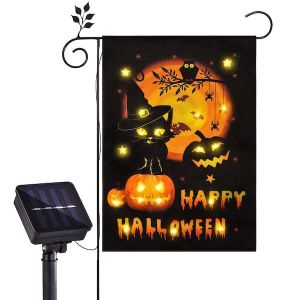 Solar Lighted Halloween Garden Flags, Double Sided Burlap Cat Pumpkin Garden Flags for Patio Lawn Outside Decor