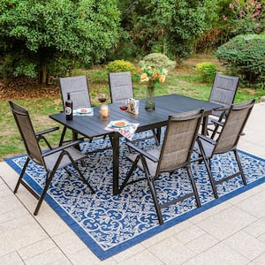 Black 7-Piece Metal Extendable Table Patio Outdoor Dining Set with Gery Folding Reclining Padded Sling Chairs