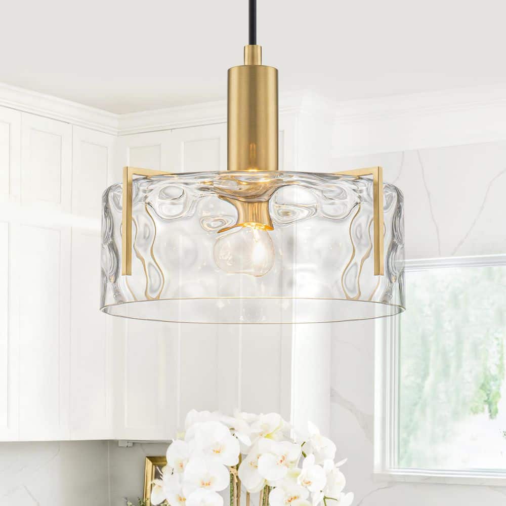 11 in. 1-Light Modern Brass Drum Pendant Light with Clear Water Ripple Glass Shade for Bedroom price history on PriceWatchPro