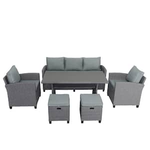 6-Piece Outdoor Wicker Patio Conversation Set with Garden Sofa, Chair, Stools and Table Gray Rattan and Cushion