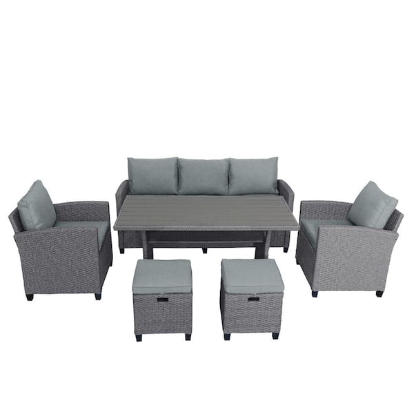 Unbranded 6-Piece Outdoor Wicker Patio Conversation Set with Garden Sofa, Chair, Stools and Table Gray Rattan and Cushion