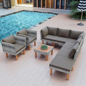 9-Piece Wicker Patio Conversation Set with Wood Legs, Acacia Wood Tabletop, Armrest Chairs with Gray Cushions