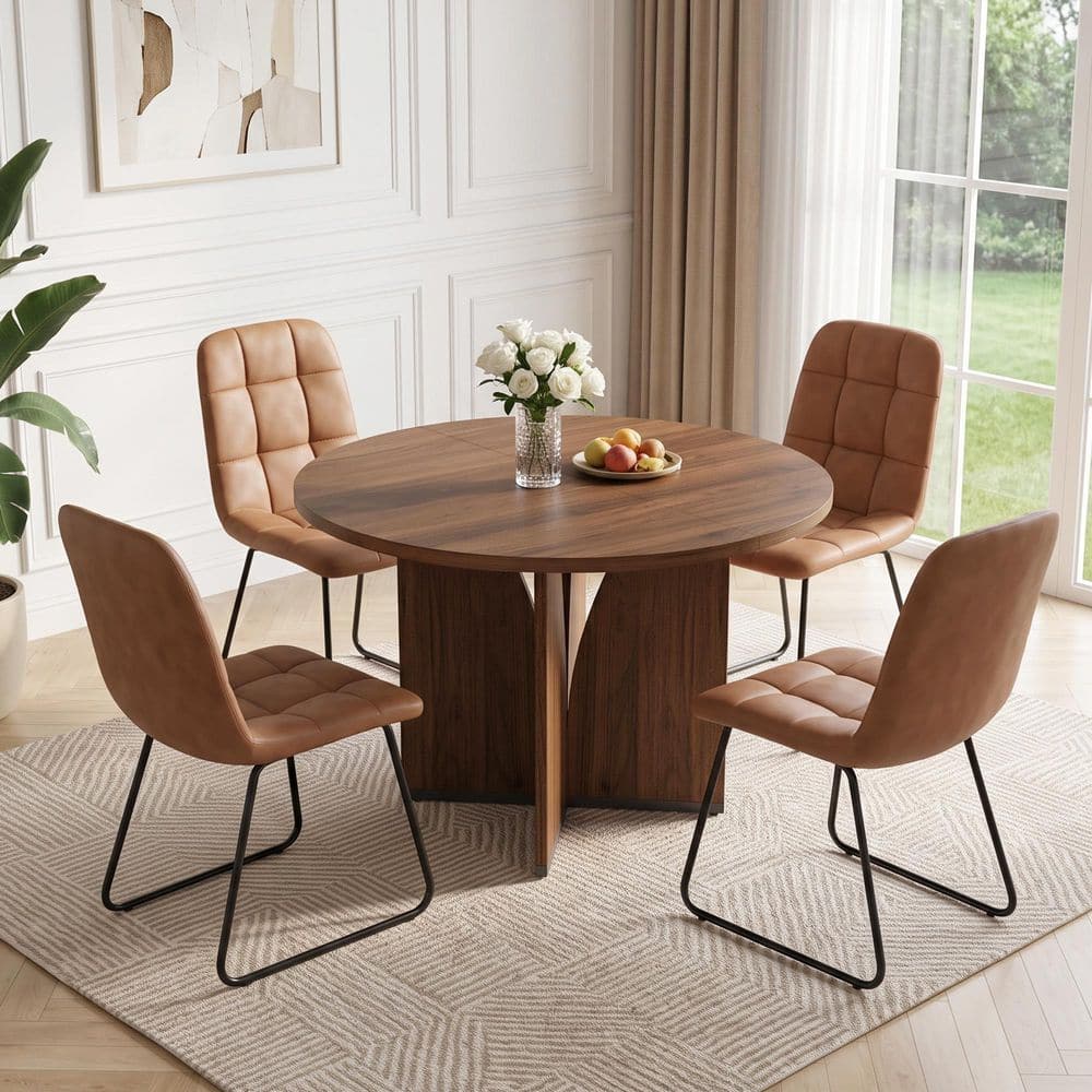 5-Piece Walnut Round MDF Top Dining Table Set with 4 Leather Brown Chairs price history on PriceWatchPro