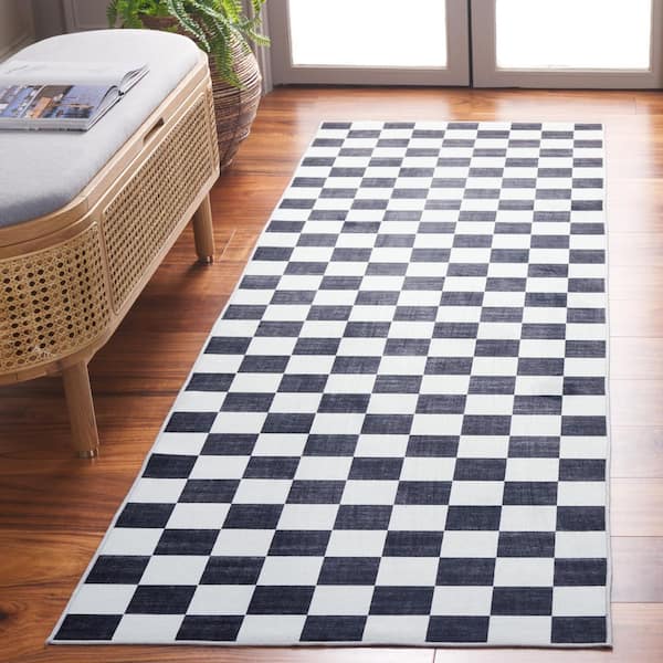Santa Clara 3 ft. x 8 ft. Ivory/Black Modern Checkered Washable Runner Rug