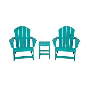 Laguna 3-Piece Fade Resistant Outdoor Patio HDPE Poly Plastic Adirondack Rocking Chairs and Side Table Set, Turquoise