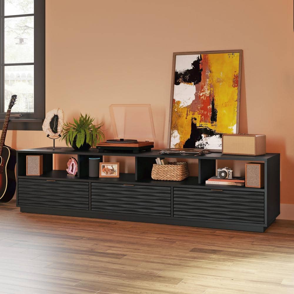 Sauder Morgan Main 85" Black Entertainment Credenza with Wave-Pattern Drawers