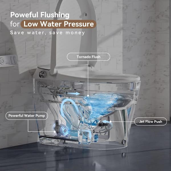 Elongated Smart Bidet Toilet 1.11 GPF in White with Water Pump and Kick Flush, Warm Water, Heated Seat and Deodorization