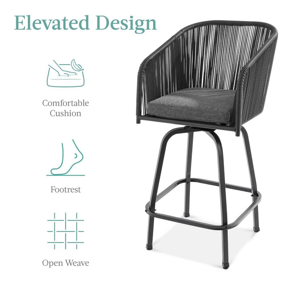 Handwoven Wicker 26" Black/Gray Swivel Bar Chairs with Cushions