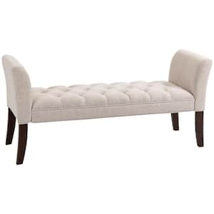 Armed Beige End of Bed Bench with Button Tufted Design and Solid Wood Legs
