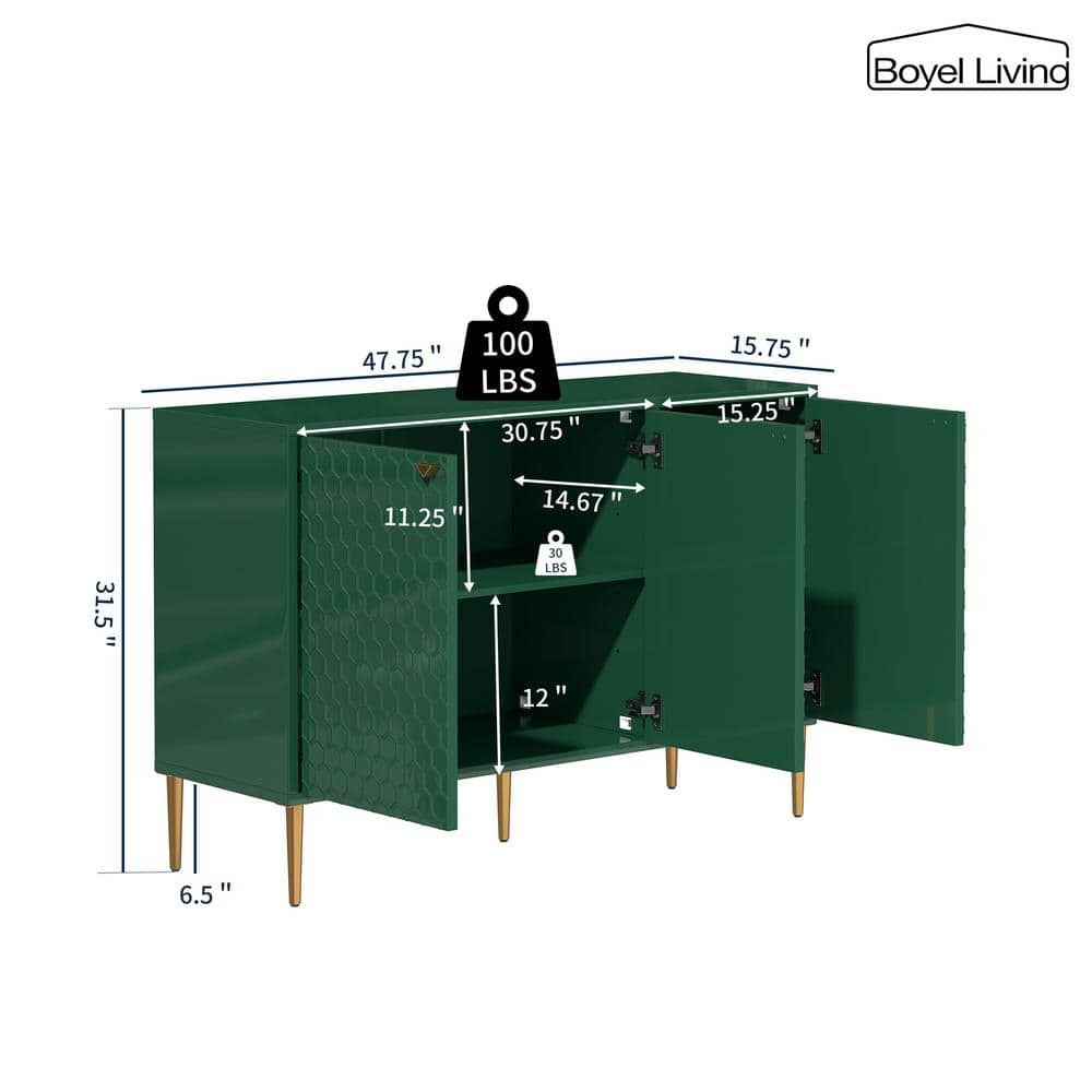 Green Medium Wood 3-Door Accent Cabinet with Adjustable Shelves