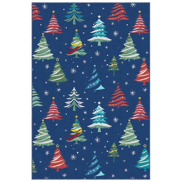 9 X 12 ft. Blue Christmas Washable Area Rug, Soft Carpet with Xmas Tree, Non-Slip Backing, Foldable, for Living Room