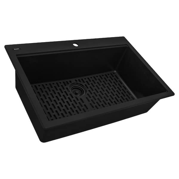 Ruvati EpiGranite 33 in. Drop-in Single Bowl Midnight Black Granite Quartz Composite Kitchen Sink with Accessories