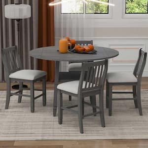 5-Piece Gray Wood Counter Height Dining Table Set Seats 4 with 4-Folding Leaves, 4-Gray and Beige Upholstered Chairs